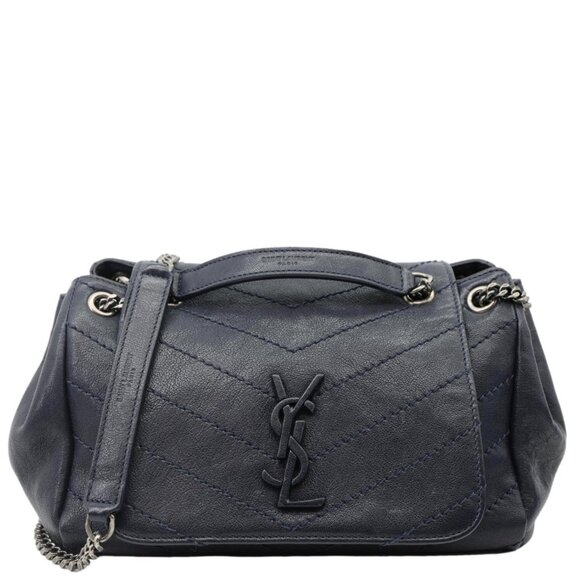 YVES SAINT LAURENT  Vintage Monogram Nolita Chevron Leather Shoulder Bag Navy Bl - Picture 1 of 15